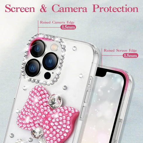 iPhone 15 Case - Pink Bling Diamond Glitter Rhinestone, 3D Bowknot, Cute Sparkly Gem, Luxury Fashion, Clear Protective.