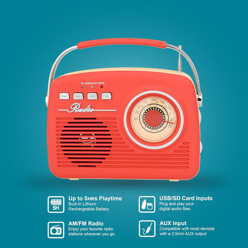 Supersonic SC-1201BT Retro Portable Bluetooth Speaker, Vintage Vibes, AM/FM Radio, USB/SD Card/AUX Inputs for Kitchen