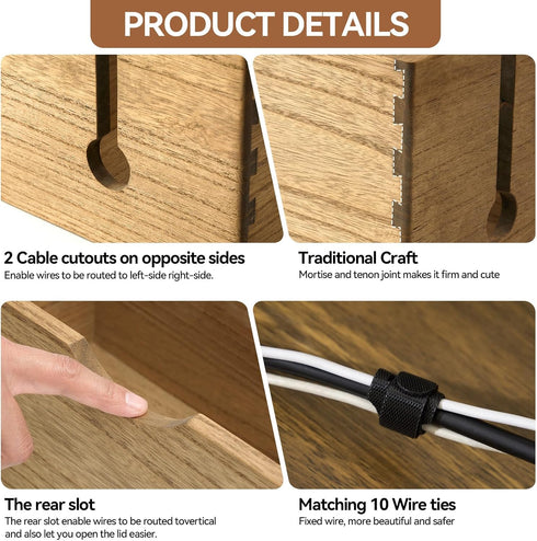 Kirigen Cord Management Box - Wooden Cable Organizer to Hide Power Strips and Electrical Plugs (Set of 2, Dark Brown)
