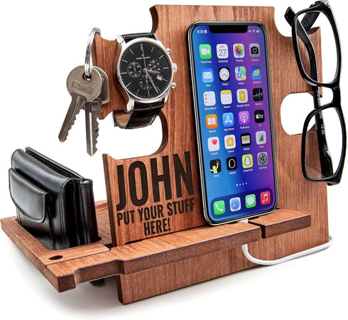 Greta Oto Wood Phone Docking Station for Men | Nightstand Bedside Desk Organizer |