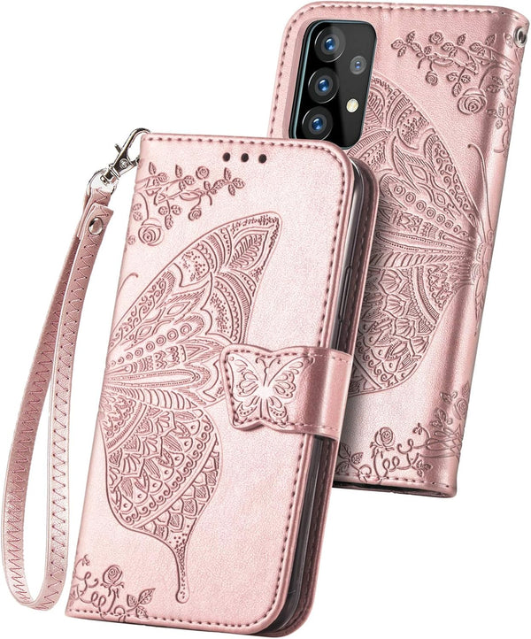 Wallet Case for Galaxy A52 4G/5G, PU Leather Flip Cover with Wrist Strap, Cash Credit Card Slots, Emboss Butterfly
