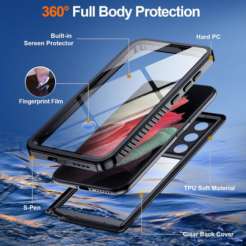 Hualele Waterproof Case for Galaxy S21 Ultra, Built-in Lens & Screen Protector, Rugged Heavy Duty Shockproof IP68