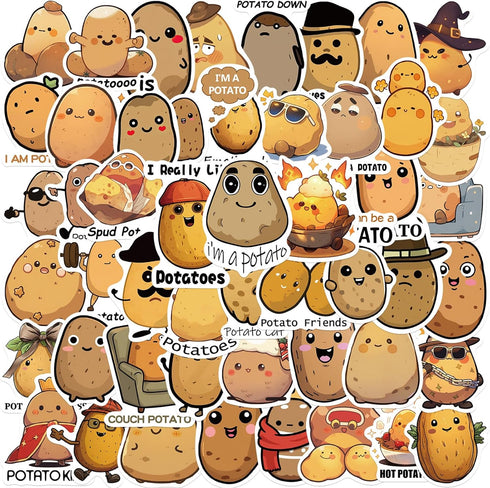 WASHBO 50Pcs Potato Stickers Funny Cartoon Potato Vinyl/PVC Decals for Kids Boys Girls, Cute Stickers for Water Bottles