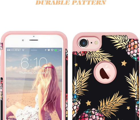 Fingic iPhone 8/iPhone 7 Case - Pineapple Design, Slim Fit, Hard PC & Soft Silicone Cover, Black/Pink