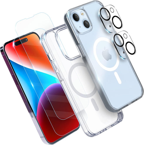 Power Theory Designed for iPhone 14 Screen Protector, with Lens Protectors and Clear Case Compatible with MagSafe