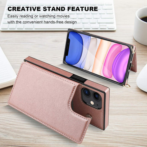 Bocasal Crossbody Wallet Case for iPhone 11, 6.1 inch, Rose Gold, PU Leather, Credit Card Holder, Shockproof,