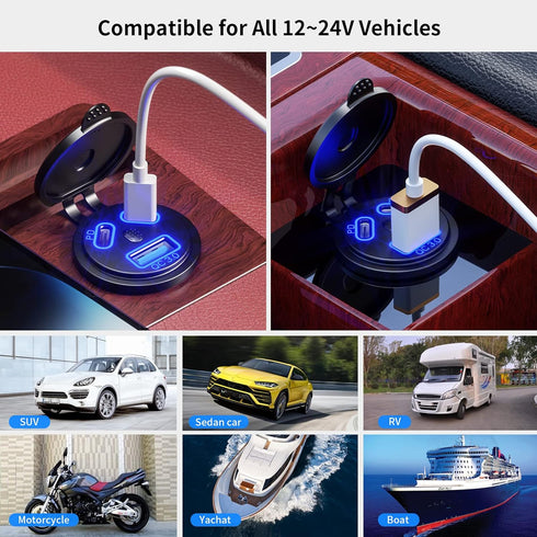 KEWIG 2Pcs 12V USB Outlet Quick Charge 3.0 USB Charger Sockets & Dual PD Type-C Ports, USB Cigarette Lighter Socket