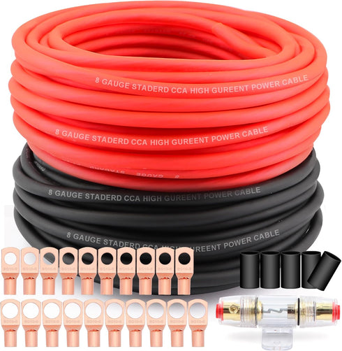 AWG 8 Gauge Wire Cable - 50ft Each (Black/Red) Copper Clad Aluminum CCA with 8ga terminals, 60A ANL Fuse Block for