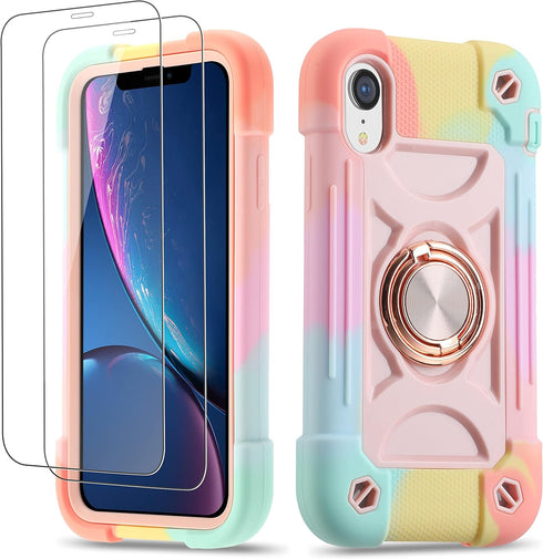 iPhone XR Case 6.1 Inch with Ring Stand, 2 Pack Glass Screen Protector, Heavy-Duty Shockproof Rugged Military Grade