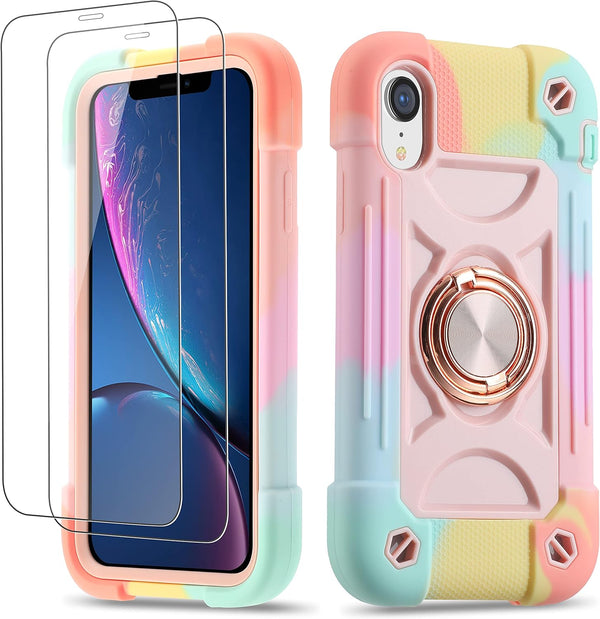 iPhone XR Case 6.1 Inch with Ring Stand, 2 Pack Glass Screen Protector, Heavy-Duty Shockproof Rugged Military Grade