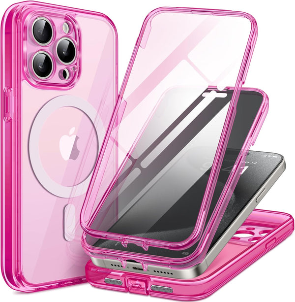 TIESZEN iPhone 15 Pro Case - Bright Pink, Magnetic, Magsafe Compatible, 9H Tempered Screen & Privacy Protectors,