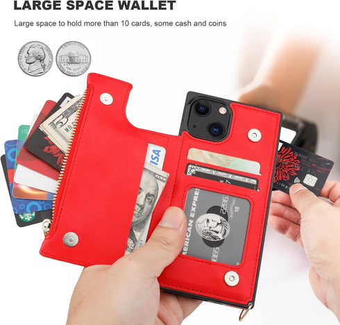 Bocasal Crossbody Wallet Case for iPhone 13, Magnetic Flip Folio Purse with RFID Blocking Card Slot, 6.1 Inch (Red)