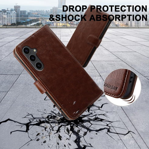 MONASAY Flip Folio Wallet Case for Samsung Galaxy S24+ Plus 5G, 6.7", Brown, with RFID Blocking & Lens/Glass Protector.