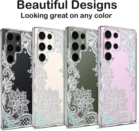Coolwee Galaxy S24 Ultra Case - 6.8" Shockproof Thin Clear Glitter, Cute Crystal Lace, Soft TPU Bumper, Mandala Design.