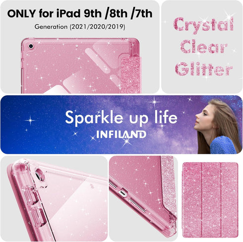 INFILAND 9th/8th/7th 2021/2020/2019 10.2 inch, 7/8/9 for iPad Generation Case Glitter Slim Protective Cover with Clear