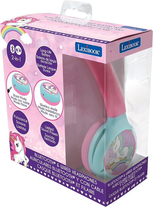 Lexibook Unicorn 2-in-1 Bluetooth Headphones for Kids, Stereo Wireless Wired, Foldable, Adjustable, Pink