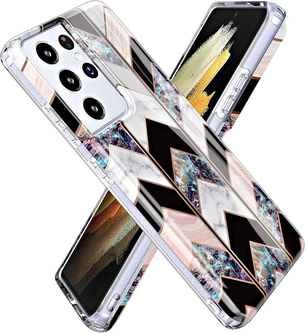 BAISRKE Galaxy S21 Ultra Case, Shiny Rose Gold Geometric Marble Hybrid Hard Plastic Back Soft Clear Glitter TPU Edge