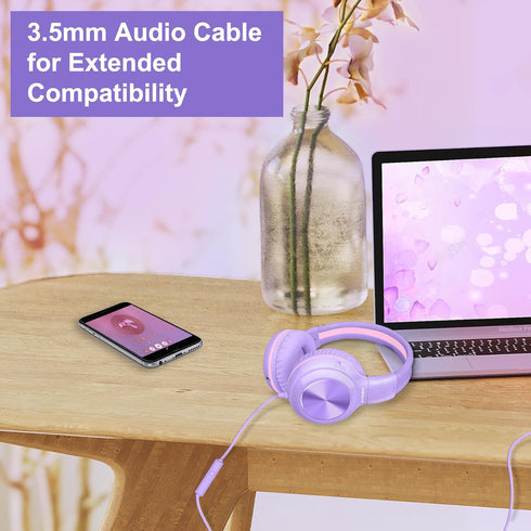SIMOLIO Wired Headphones for Kids, Girls School Headphone with Microphone, Safe Volume Limiter, Foldable Adjustable