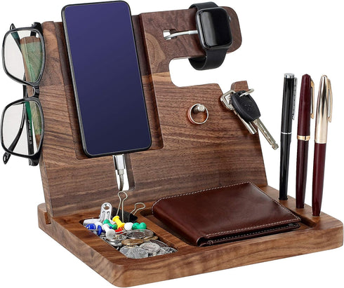 awofer Ebony Wood Phone Docking Station Gifts for Men - Nightstand Organizer with Key Holder, Wallet Stand, Watch