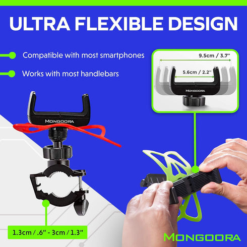 Mongoora 3 Bike & Motorcycle Phone Mount - GPS Cell Phone Holder for Bicycle Handlebar - Easy to Install Bike