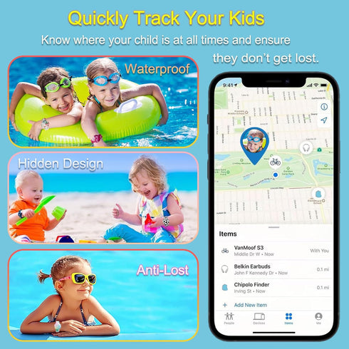 Waterproof AirTag Bracelet for Kids, Soft Silicone Hidden Holder Case for Apple Airtag, Adjustable Anti-Lost Strap