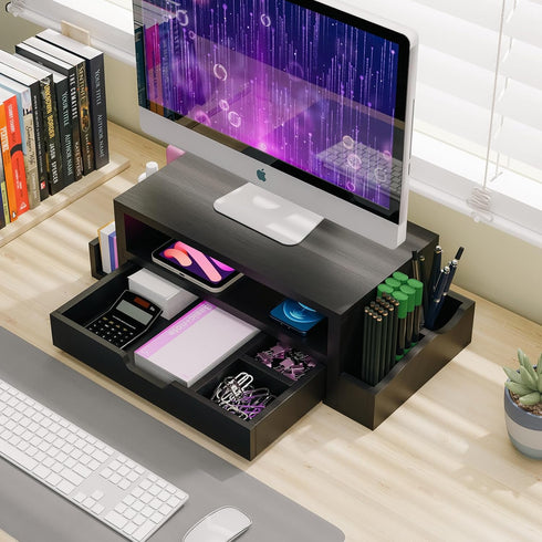 Simple Trending Monitor Stand Riser and Wood Desk Organizer with Drawer and Pen Holder for Laptop, iMac (Black)