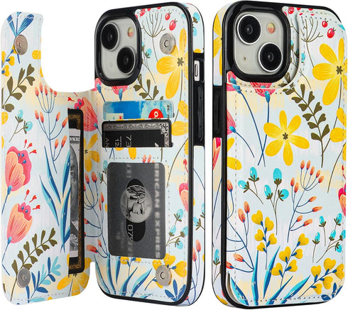 HAOPINSH iPhone 15 Wallet Case, Floral PU Leather Folio with Card Holder, Kickstand, Shockproof, 6.1" for Women & Girls.