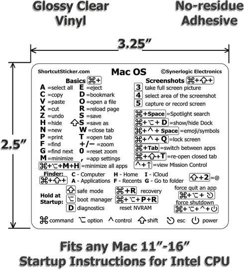 SYNERLOGIC Mac OS Keyboard Shortcut Transparent Vinyl Sticker, No-Residue Adhesive for MacBook Air/Pro/iMac (Pack of 2)