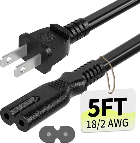 Vockjour 2 Prong AC Power Cord 5Ft Black, Universal Power Cable Replacement for