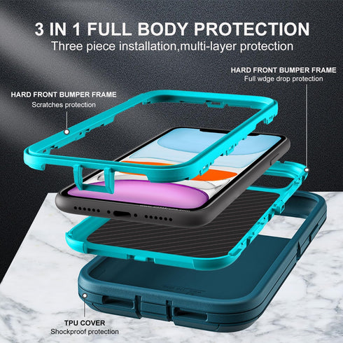 for iPhone 11 Case, Military Grade 3 in 1 Heavy Duty Shockproof/Dust Proof with 2Pcs Tempered Glass Screen Protector