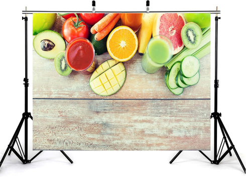 KeyWork 9x9ft Fresh Fruit Smoothie Backdrop Colorful Produce Wooden Table Photography Background for Healthy Themed