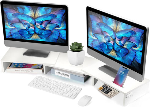 Dual Monitor Stand Riser for 2 Monitors, Adjustable Wooden Desktop Organizer Stand with Smartphone Holder, White