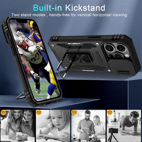 DEERLAMN iPhone 13 Pro Case - Black, Military Grade Shockproof, Slide Camera Cover, Screen Protector, Rotated Ring
