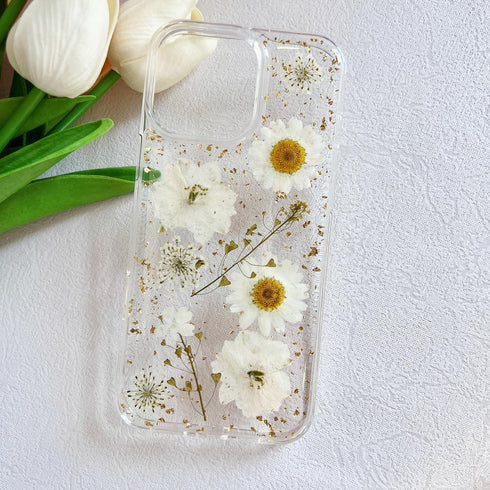 LSEEKA 16 16 for iPhone Pro Max Clear Case with Pressed Real Flowers Design,Glitter Cute White Floral Pattern Slim Soft