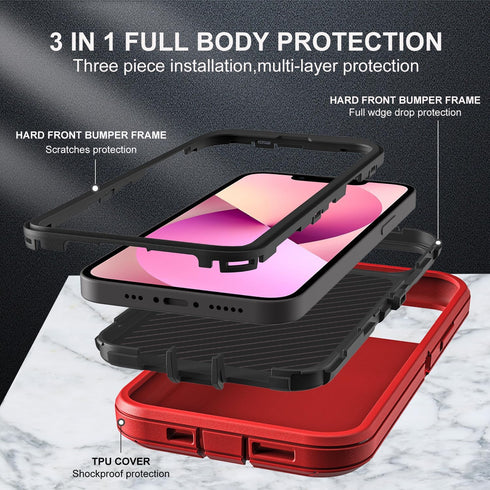 for iPhone 13 Mini Case, Military Grade 3 in 1 Heavy Duty Shockproof Case with 2Pcs Tempered Glass Screen Protector
