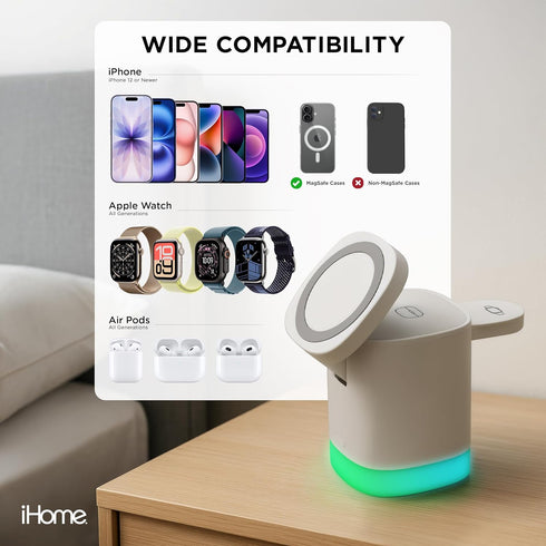 3-in-1 15W iHome Wireless Charging Stand, Fast Charge, LED Light, MagSafe Compatible, Foldable Design