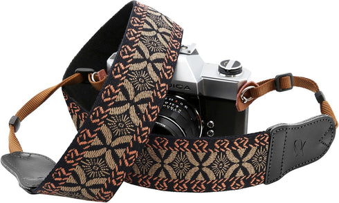 Padwa Lifestyle Mystic Grey Embroidered Camera Strap, Double Layer Cowhide Ends, Adjustable Vintage Neck Strap