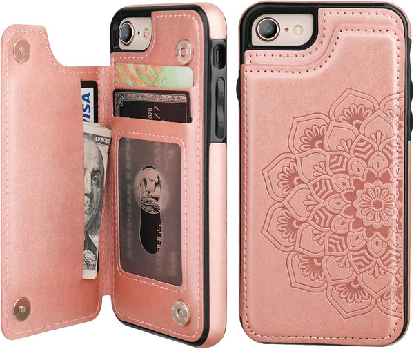 Vaburs Wallet Case for iPhone SE(2022)/SE(2020)/8/7, Card Holder, Embossed Mandala Pattern, Rose Gold
