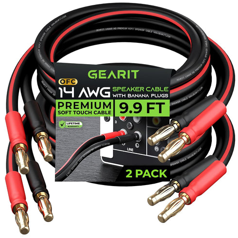 GearIT 14 AWG Speaker Cable Wire with Banana Plugs - 2 Pack, 9.9 Feet - 14Ga Gauge Banana Wire for Bi-Wire Bi-Amp HiFi