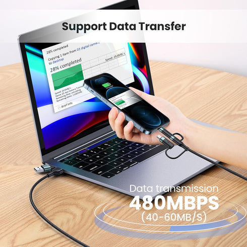 PD 60W USB C Multi Fast Charging Cable, 5-in-1 Nylon Braided Cord for Laptop/Tablet/Phone, 3A