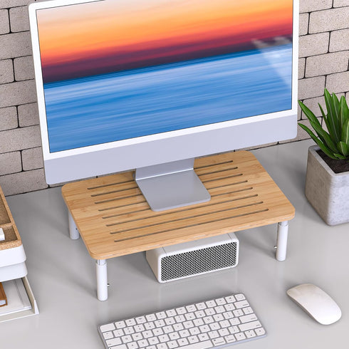 4 Bamboo Monitor Stand Riser, Adjustable Height, Laptop Stand with Airflow Vents, Desk Organizer for Computer, PC