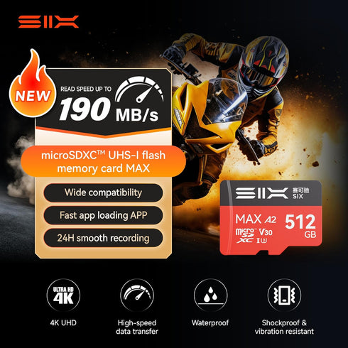 SIX M200 64GB 190MB/s 4K A2, U3, V30 64GB Micro SD Card Read Up to for UHD Continuous Recording - microSDXC Memory Card
