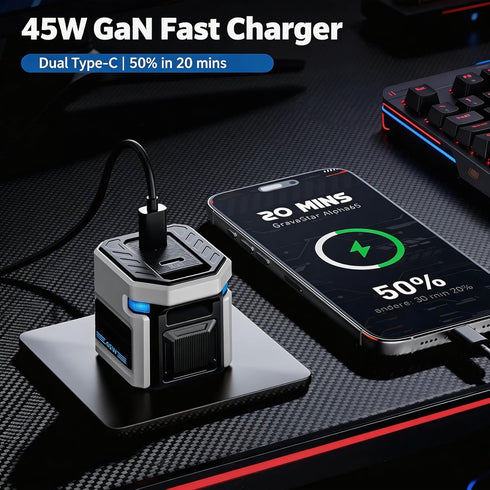 ORAODA 45W 90 17/16/15 S26/S25 Max GaN Fast Charging, USB C Charger Block, Dual Type-C Ports, Foldable Plug, Compact