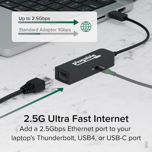 Plugable USB C to Ethernet Adapter, 2.5Gb with 100W USB-C PD Charging, Type C USB Ethernet Adapter for Windows, MacBook