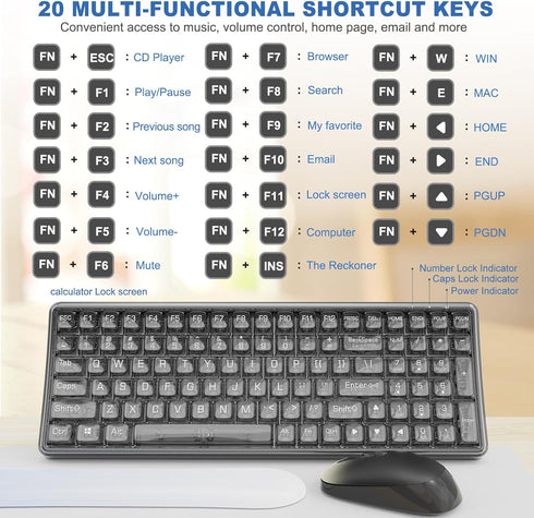 Wireless Transparent Keyboard and Mouse Combo with Soft Wrist Rest, Ergonomic Full-Size with Clear Keycaps, Compatible