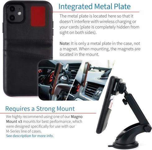 Dockem Wallet Case for iPhone 11: Black Synthetic Leather with Built-in Metal Plate & 2 Credit Card Holders
