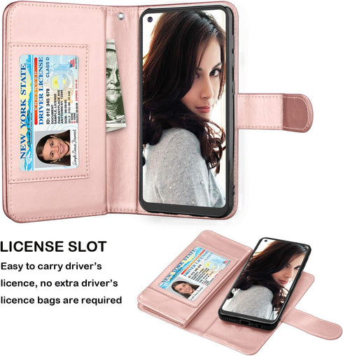 Njjex Wallet Case for Samsung Galaxy A21, 2020, Rose Gold, PU Leather with 9 Card Slots, Detachable Kickstand & Lanyard