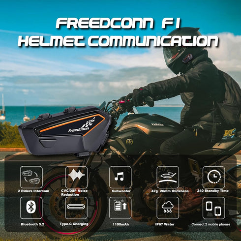 FreedConn F1 Bluetooth Motorcycle Headset, IP67 Waterproof Communication System for 2 Riders, Full/Half Face Helmet