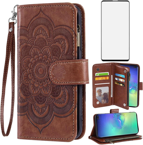 Asuwish Wallet Case for Samsung Galaxy S10 Plus - Brown Leather Flip with Tempered Glass & Card Holder Stand.