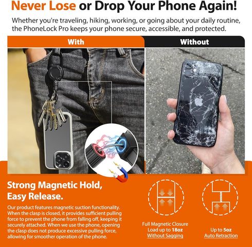 DINALLE Cell Phone Lanyard Anti-Theft Phone Tether - Retractable Steel Line, Locking Magnetic Closure, Universal Anchor